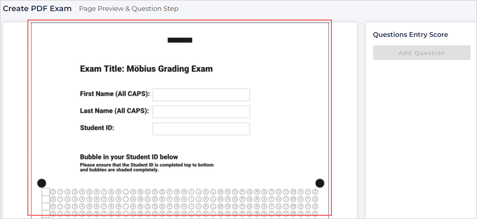 The Create PDF Exam - Page Preview & Question Setup screen is shown with the exam pdf preview highlighted.